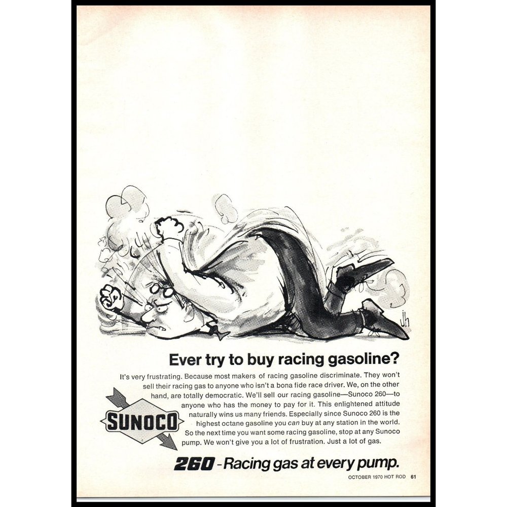 1970 Sunoco 260 Racing Gas Vintage Print Ad Temper Tantrum Drawing Wall Art